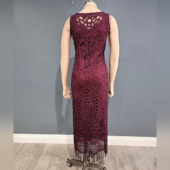 Vintage CAROLE LITTLE Petite Burgundy Crochet Knit Lace Maxi Dress 4P - Picture 4 of 8